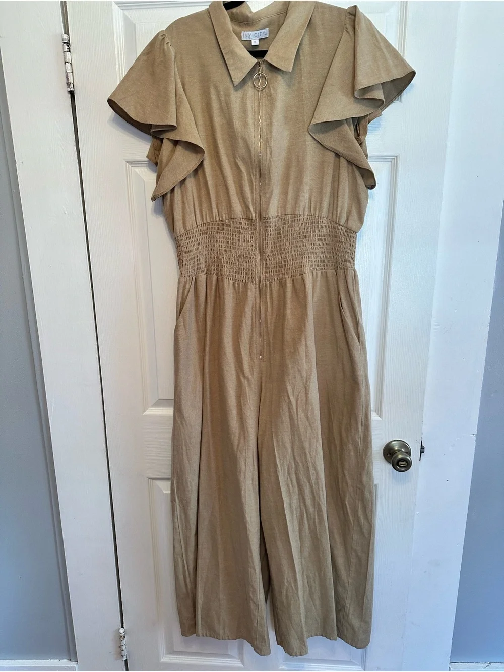 Ivy City Co Betsy Beige Short-Sleeve Smocked-Waist Jumpsuit